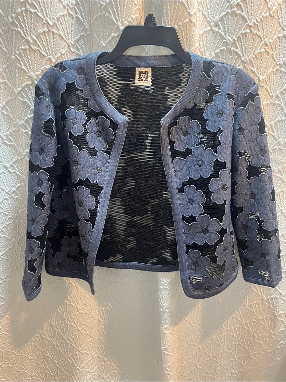 Anne Klein Blue Floral Mesh Open-Front Jacket